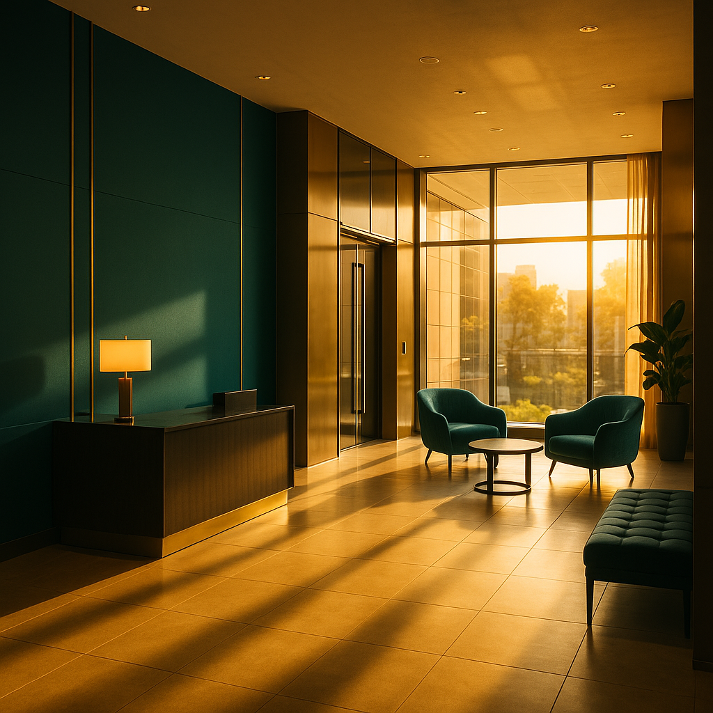 cinematic In a sleek modern office lobby office lobby office lobby accented with gold and a deep shade of 06768d warm sunlight pours through large win-Dec-02-2025-02-52-14-3388-AM